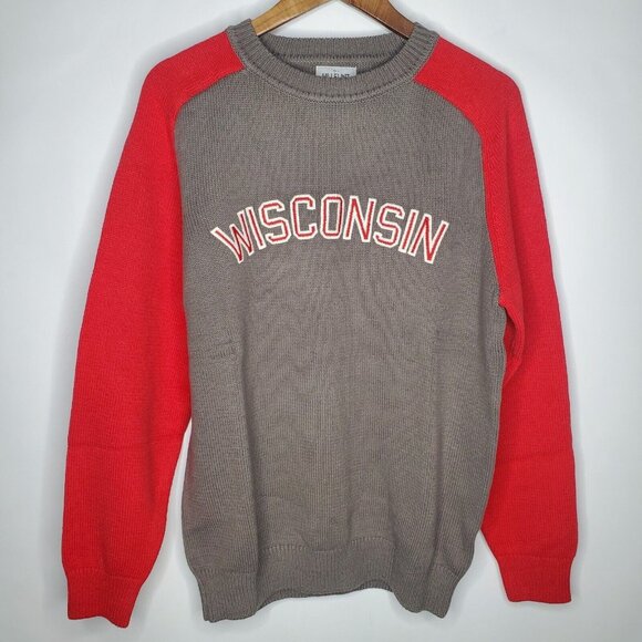 Hillflint Other - Hillflint Mens Gray Red Wisconsin Spellout Sweater Size L Crew Neck Ribbed NWT